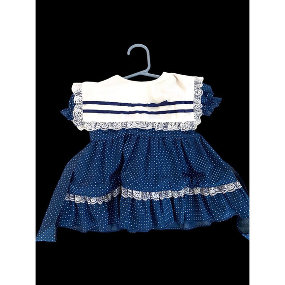 Vintage Sailor Dress Baby Girls Size 18M Blue White Peter Pan Collar Swing Skirt - Picture 2 of 10